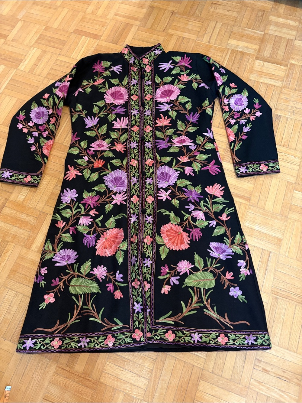 Kashmiri Black Floral Embroidered Long Dress Jacket